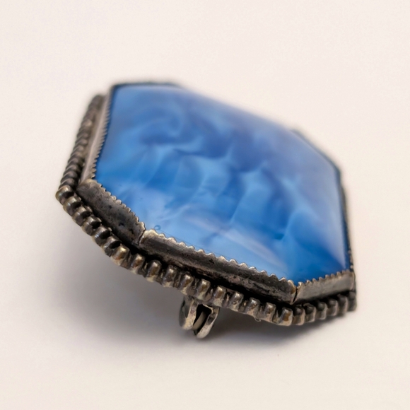 Vintage Marbled Blue Art Glass Cabochon Brooch Simple Silver Tone Setting Czech? - Picture 6 of 13